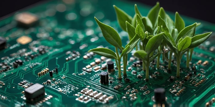 Young plant on a circuit board green tech concept. photo