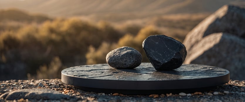 black podium with rocks on background for product advertising. photo