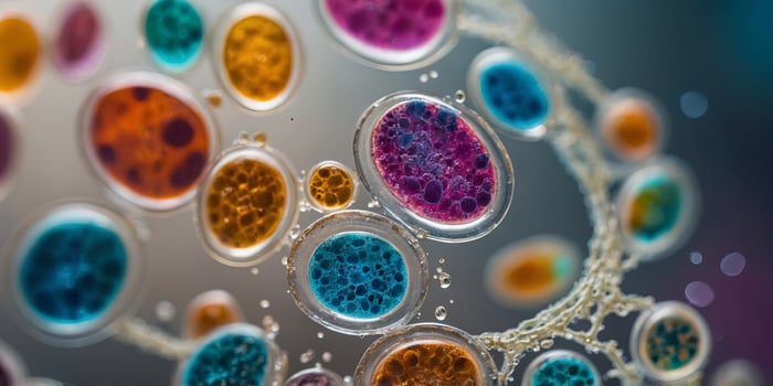 colorful microorganism variety in petri dish super macro zoom laboratory background. photo