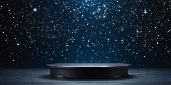 empty black metalic podium on blue star galaxy background for product presentation. photo