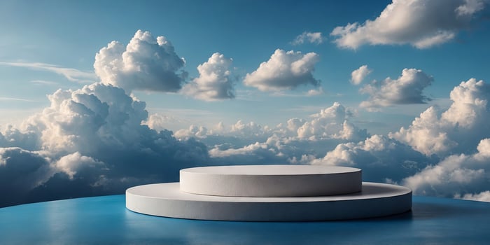podium scene with fluffy clouds background, perfect for showcasing cosmetic or products , blue, geometric, abstract. photo