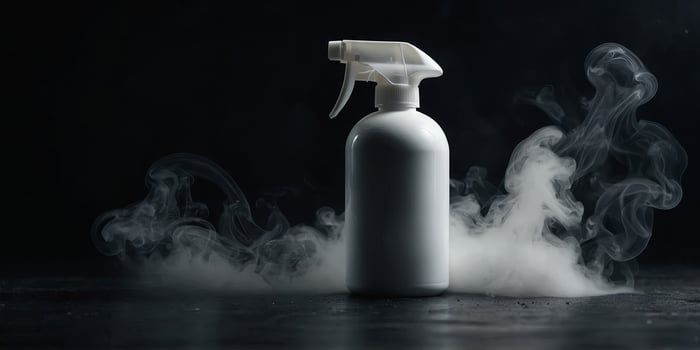 white spray bottle on a dark moody background with atmospheric smoke for product display. . photo