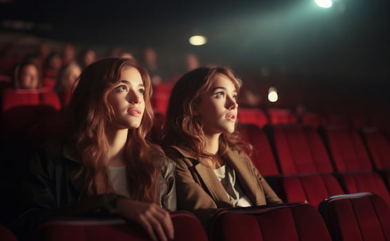 Two modern friends are seen sitting in a cinema, enjoying each other's company while delighting in the experience of watching a film together.Generated image photo