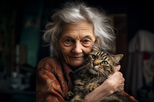 An elderly woman is captured in a heartwarming embrace with her cat, showcasing the deep bond of love, companionship, and contentment between them.Generated image photo