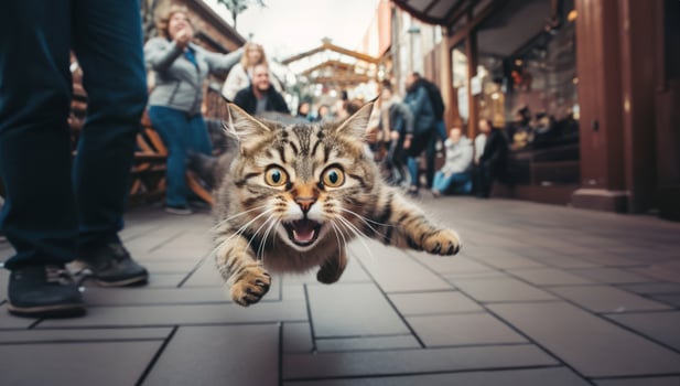 A close-up photograph captures a cat dashing through the urban streets with agility and speed, amidst the bustling cityscape photo