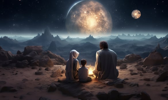A Muslim family in the ancient mountains of the Sahara gathers to welcome the breaking of the fast at iftar during Ramadan, embodying traditions of unity, compassion, and gratitude in a photo