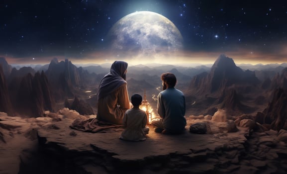 A Muslim family in the ancient mountains of the Sahara gathers to welcome the breaking of the fast at iftar during Ramadan, embodying traditions of unity, compassion, and gratitude in a photo