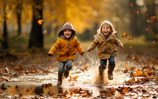 Against the backdrop of a rainy autumn day, two adorable little girls joyfully dash through puddles, their laughter echoing the pure delight of carefree childhood adventures.Generated photo