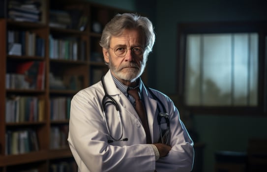 A seasoned elderly doctor exudes confidence and authority, with crossed arms, in his nighttime office, symbolizing dedication, responsibility, and wisdom during the night shift photo