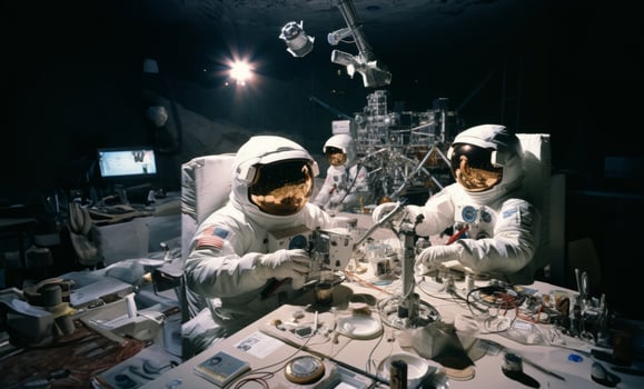 Astronomical team delves into the exploration of Mars, meticulously studying Martian terrain and conducting cosmic research within the confines of their laboratory, symbolizing the photo