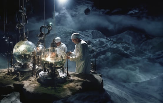 Astronomical team delves into the exploration of Mars, meticulously studying Martian terrain and conducting cosmic research within the confines of their laboratory, symbolizing the photo