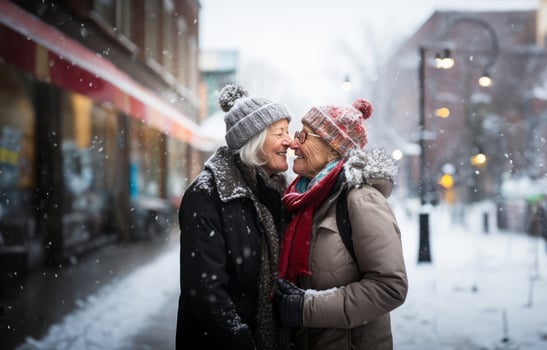 Elderly LGBT couple embraces the winter magic, reveling in joy and love as they enjoy moments of togetherness amidst the enchanting winter scenery photo