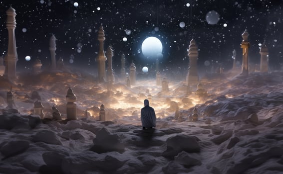 A Muslim woman in hijab stands on the surface of the moon, welcoming the first Ramadan in a new era of space exploration.Generated image photo
