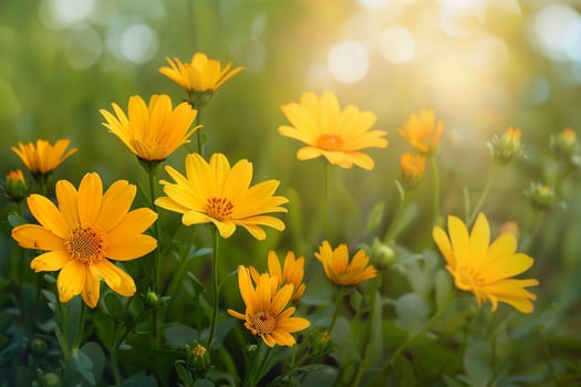 yellow flowers in the sun with a blurry background photo