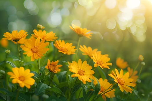 yellow flowers in the sunlight with a blurry background photo
