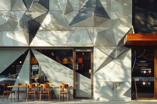 Coffee Shop with Large Geometric Pattern on Wall Background photo