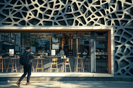 Man Walking Past Coffee Shop with Large Window Background photo