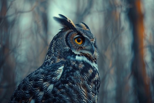 An Owl Is Standing in the Woods with a Blurry Background photo
