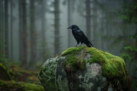 Crow Sitting on Rock in Middle of Forest Background photo