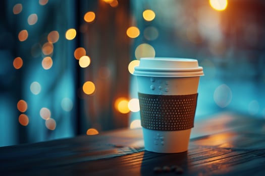 Coffee Cup on Wooden Table with Bokeh Lights Background photo