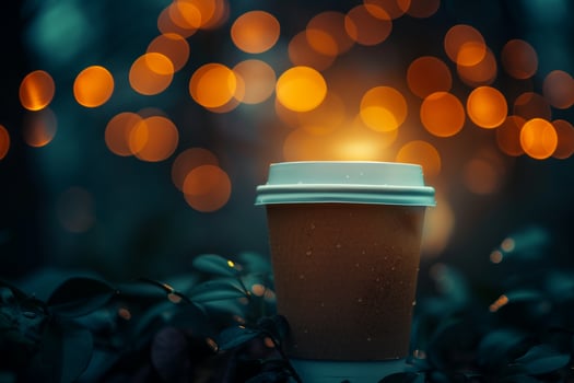 a coffee cup sitting on a leafy green background photo