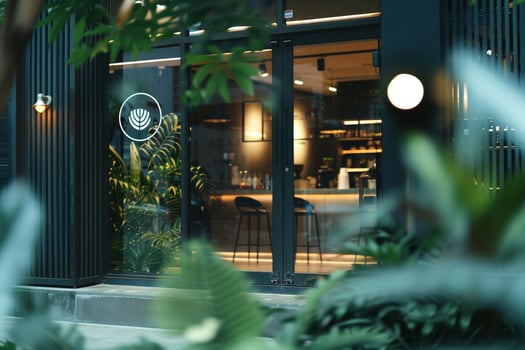 a restaurant with a glass door and plants in the background photo