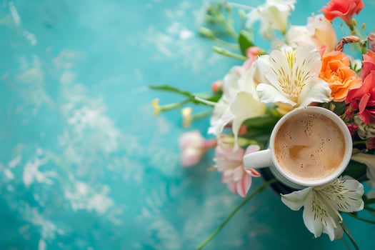 Coffee Cup with Flowers on Blue Background photo