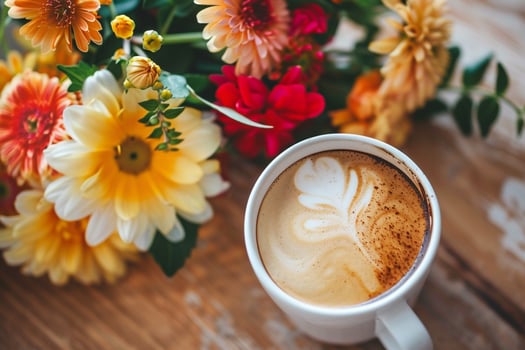 Cup of Coffee with a Flower Arrangement on a Wooden Table Background photo