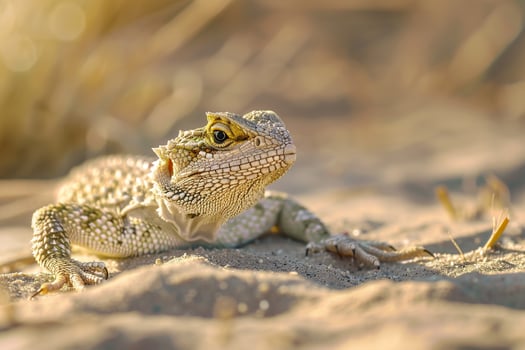 A lizard is sitting on the sand in the desert background photo