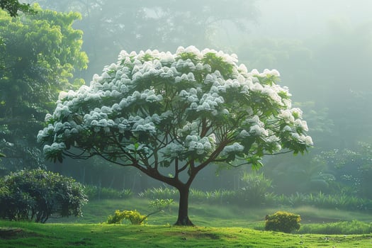 A Tree with White Flowers in the Middle of a Green Field Background photo