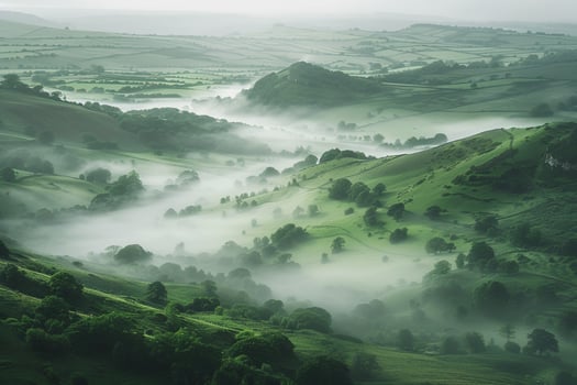 a foggy valley with trees and hills background photo