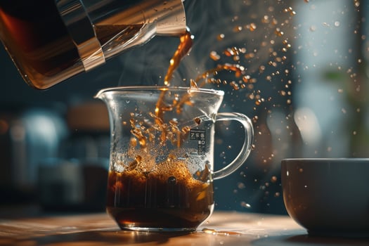Coffee Pot Pouring Coffee into a Glass Background photo
