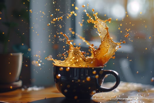 A cup of coffee being splashed with liquid, background photo