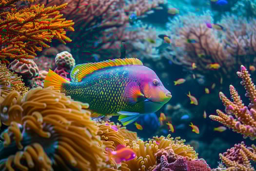 A colorful fish is swimming in the ocean, background photo