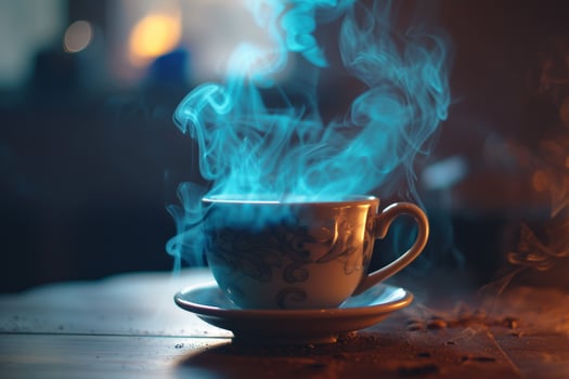 A cup of coffee with smoke coming out of it, background photo