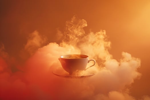 A cup of coffee is sitting on a saucer in the clouds, background photo