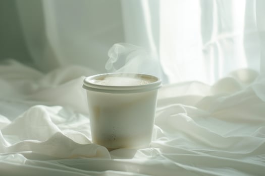 A white cup with steam coming out of it sitting on a bed, background photo