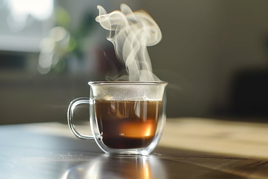 A cup of coffee with steam coming out of it, background photo