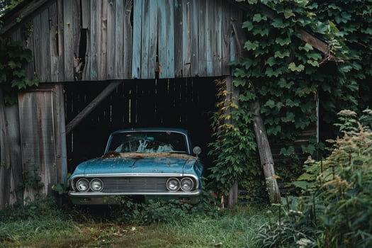 An Old Blue Car Sits in a Barn Background photo