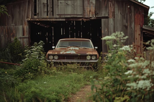 A Rusty Old Car is Parked in Front of a Barn Background photo