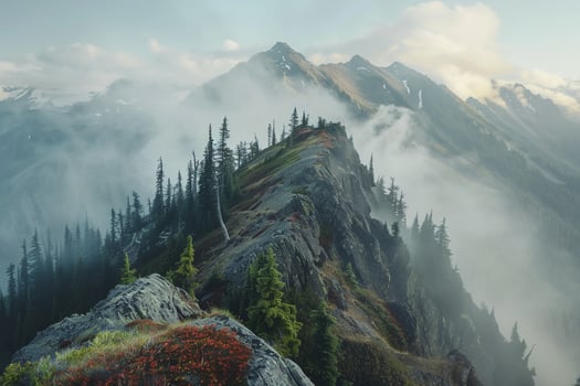 A Mountain Top with Trees and Fog Background photo