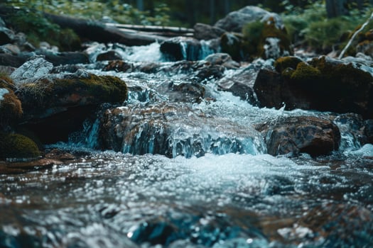 A Stream of Water Flowing over Rocks in the Forest Background photo