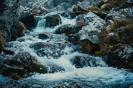 A Stream of Water Flowing over Rocks in the Mountains Background photo
