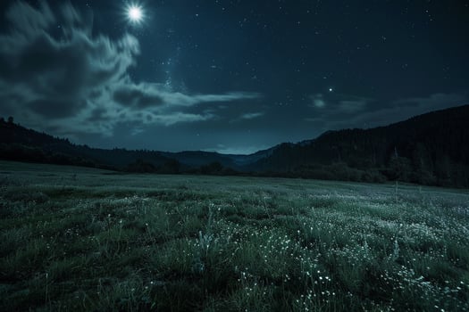 A Field with Grass and Flowers under a Full Moon Background photo