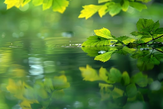 Green leaves on water with reflection background photo