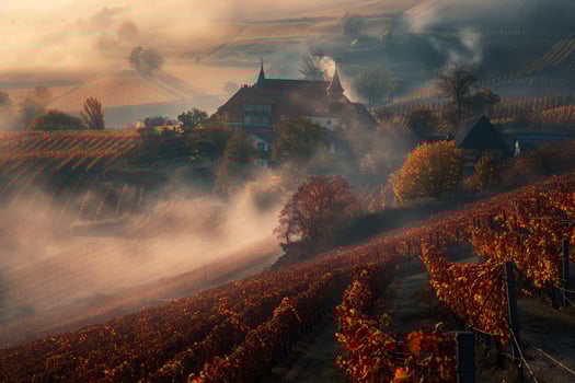 a foggy morning in the vineyard background photo