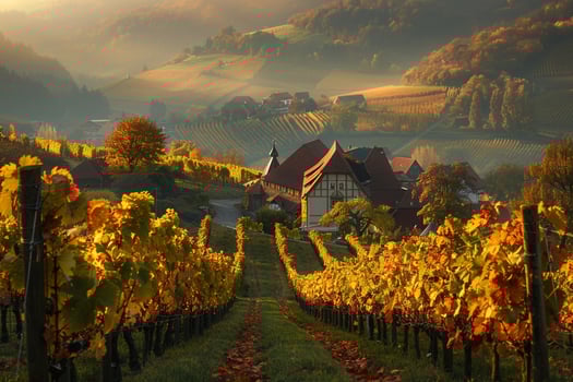 a vineyard with a house in the background photo
