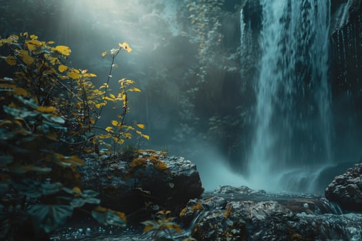 a waterfall in the forest with a bright light shining down background photo