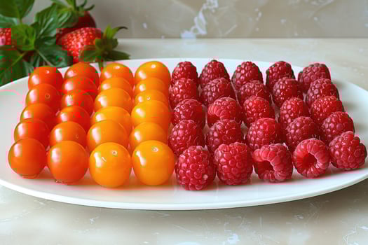 A White Plate Displays Rows of Ripe Red Tomatoes Yellow Tomatoes and Red Raspberries photo