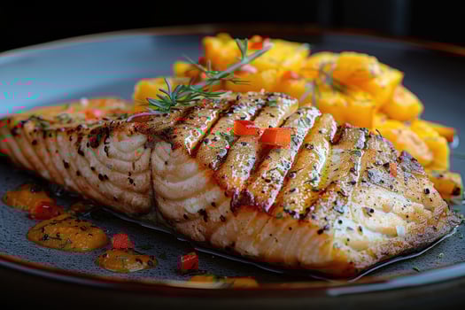 A perfectly grilled salmon fillet adorned with a medley of roasted orange slices and fresh rosemary sprigs sits on a slatecolored plate glistening with savory photo